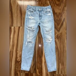 American Eagle Blue Skinny Jeans Distressed Design